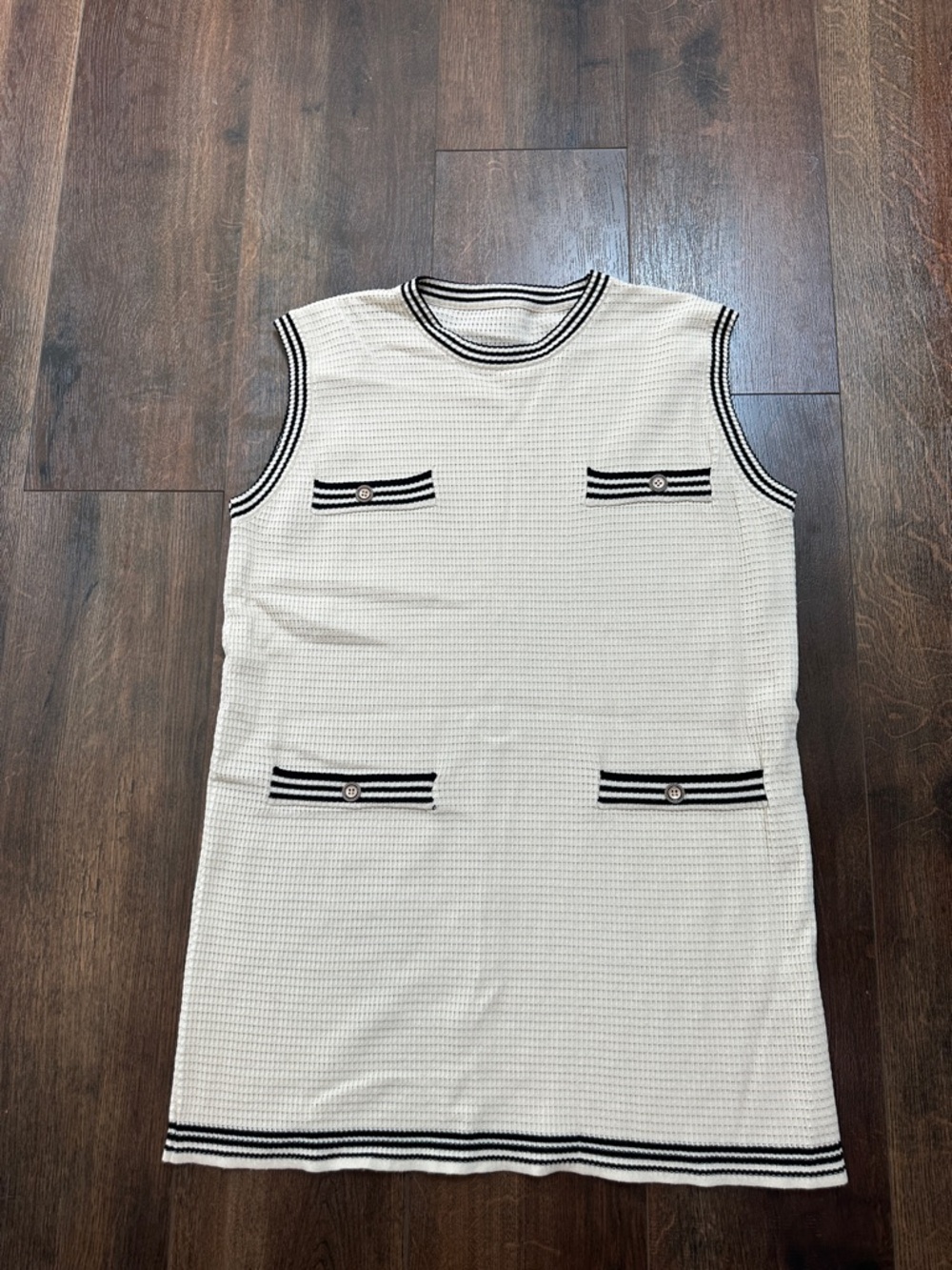 Chicwish Cream Sleeveless Knit Shift Dress with Black Stripe Trim